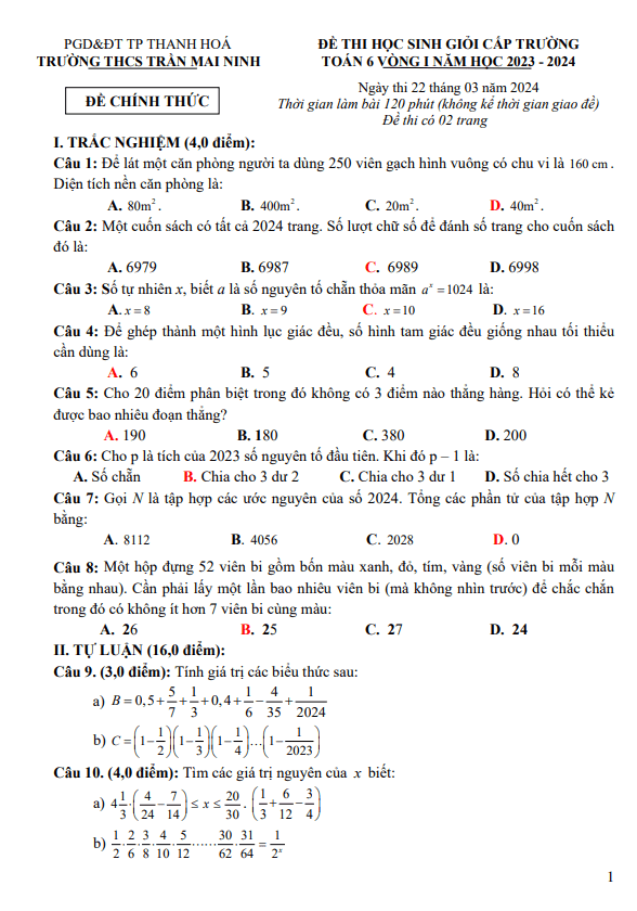 Đề HSG Toán 6 vòng 1 năm 2023 – 2024 trường THCS Trần Mai Ninh – Thanh Hóa