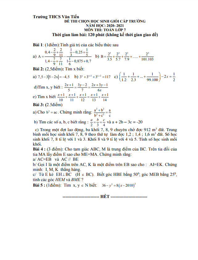 Đề HSG Toán 7 cấp trường năm 2020 – 2021 trường THCS Văn Tiến – Vĩnh Phúc