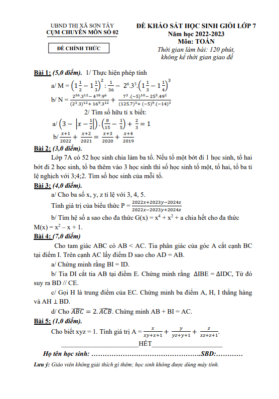 Đề HSG Toán 7 năm 2022 – 2023 cụm chuyên môn số 02 Sơn Tây – Hà Nội