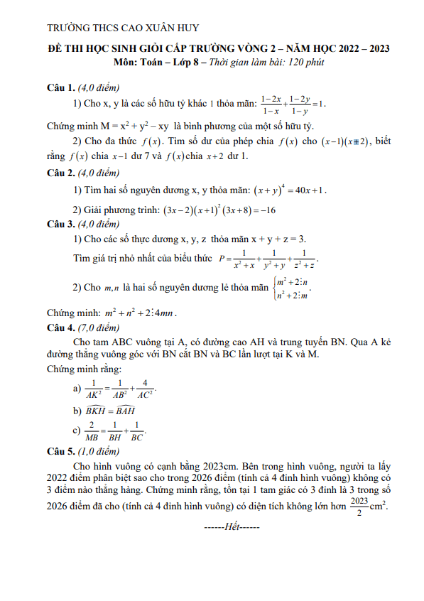 Đề HSG Toán 8 vòng 2 năm 2022 – 2023 trường THCS Cao Xuân Huy – Nghệ An