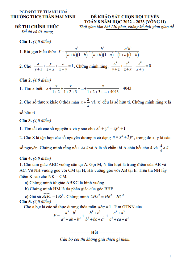Đề HSG Toán 8 vòng 2 năm 2022 – 2023 trường THCS Trần Mai Ninh – Thanh Hóa
