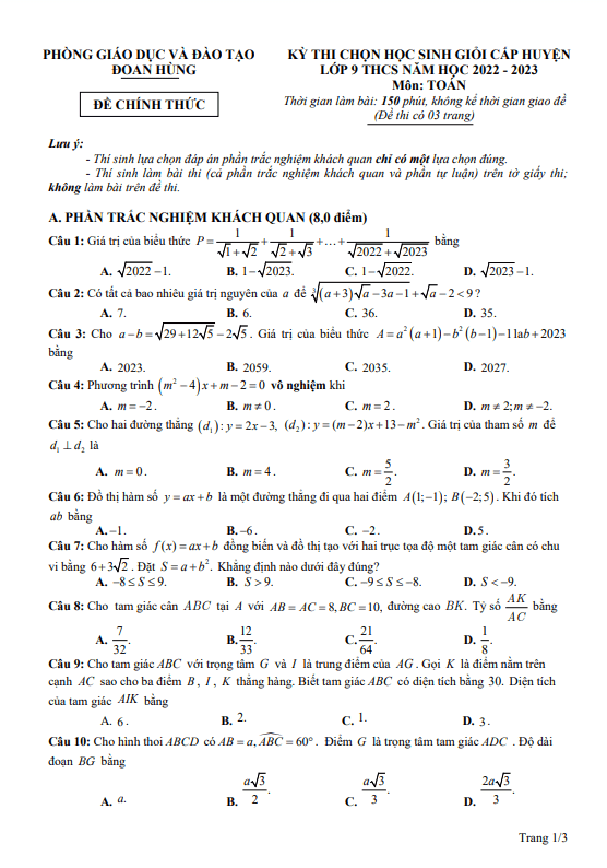Đề HSG Toán 9 cấp huyện năm 2022 – 2023 phòng GD&ĐT Đoan Hùng – Phú Thọ