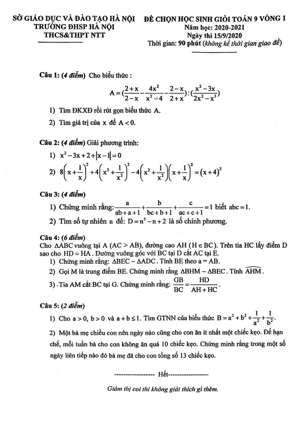 Đề HSG Toán 9 vòng 1 năm 2020 – 2021 trường Nguyễn Tất Thành – Hà Nội