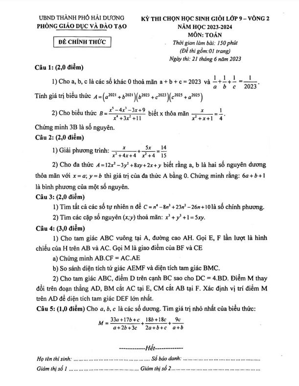 Đề HSG Toán 9 vòng 2 năm 2023 – 2024 phòng GD&ĐT thành phố Hải Dương