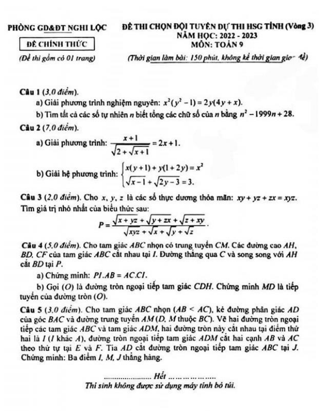 Đề HSG Toán 9 vòng 3 năm 2022 – 2023 phòng GD&ĐT Nghi Lộc – Nghệ An