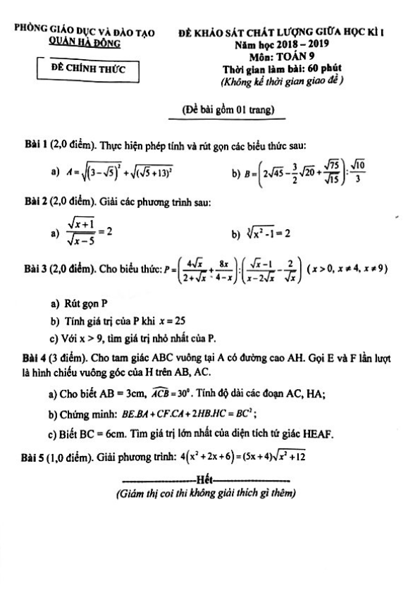 Đề khảo sát chất lượng giữa HK1 Toán 9 năm 2018 – 2019 phòng GD và ĐT Hà Đông – Hà Nội