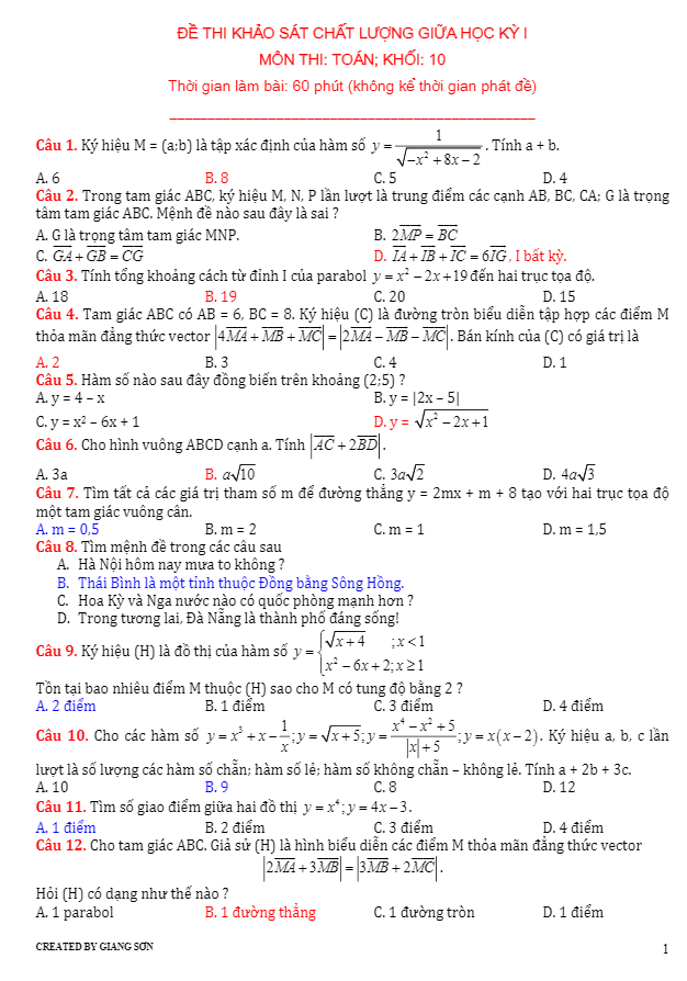 Đề khảo sát chất lượng giữa học kỳ I môn Toán 10 – Lương Tuấn Đức