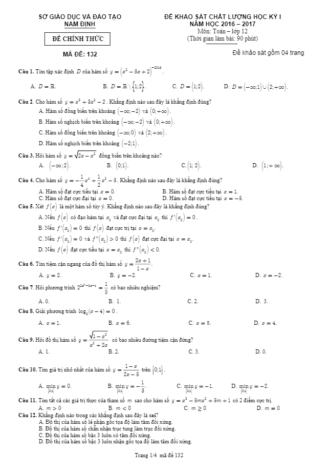 Đề khảo sát chất lượng HKI Toán 12 năm học 2016 – 2017 sở GD và ĐT Nam Định