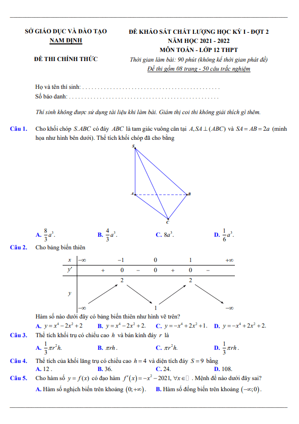 Đề khảo sát chất lượng học kỳ 1 Toán 12 năm 2021 – 2022 sở GD&ĐT Nam Định (đợt 2)