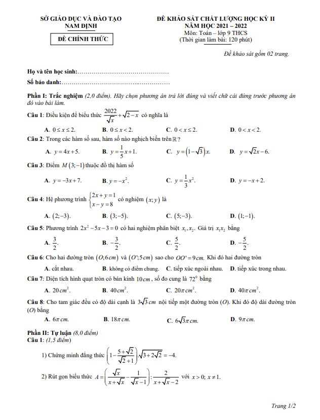 Đề khảo sát chất lượng học kỳ 2 Toán 9 năm 2021 – 2022 sở GD&ĐT Nam Định