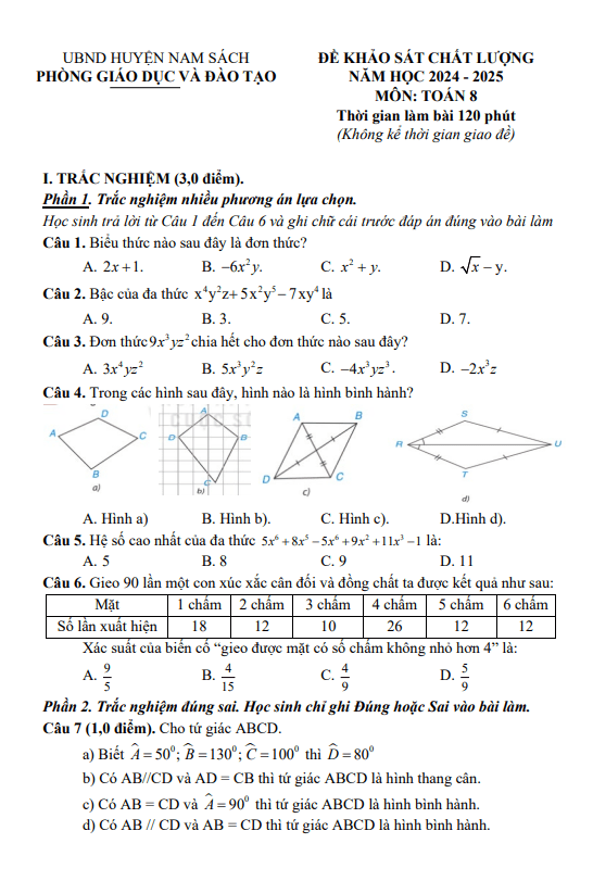 Đề khảo sát chất lượng Toán 8 năm 2024 – 2025 phòng GD&ĐT Nam Sách – Hải Dương