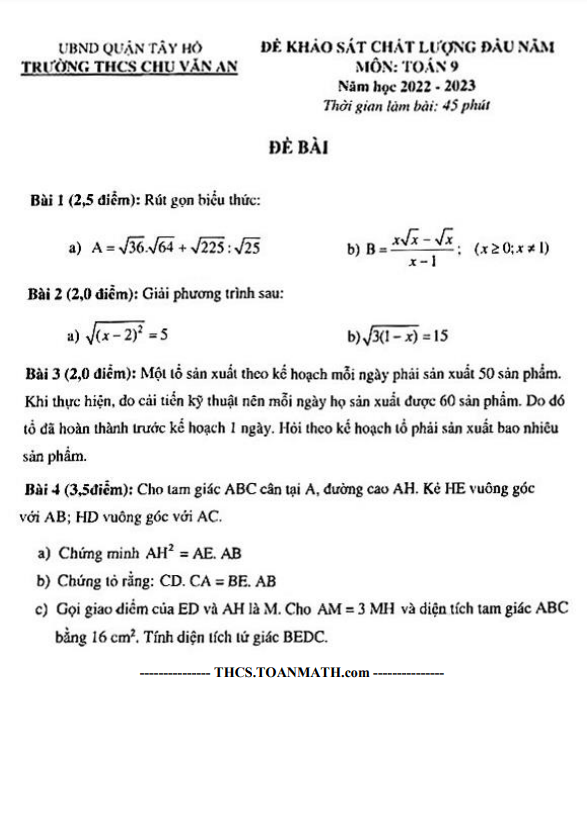 Đề khảo sát chất lượng Toán 9 đầu năm 2022 – 2023 trường THCS Chu Văn An – Hà Nội