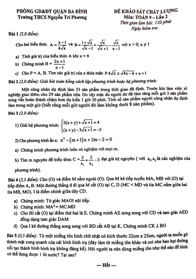 Đề khảo sát chất lượng Toán 9 lần 2 trường THCS Nguyễn Tri Phương – Hà Nội