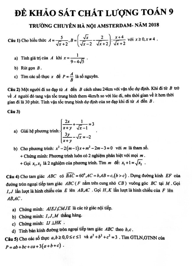 Đề khảo sát chất lượng Toán 9 năm 2018 trường THPT chuyên Hà Nội – Amsterdam