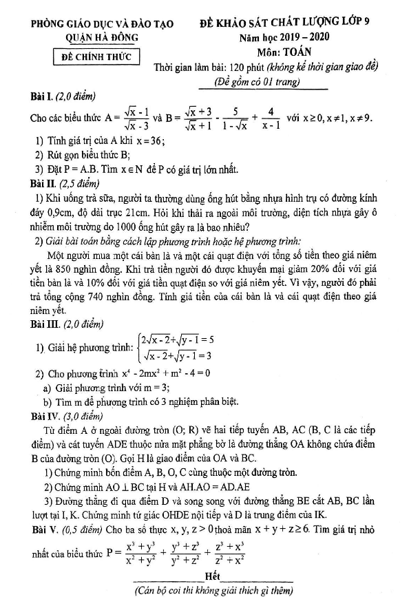 Đề khảo sát chất lượng Toán 9 năm 2019 – 2020 phòng GD&ĐT Hà Đông – Hà Nội