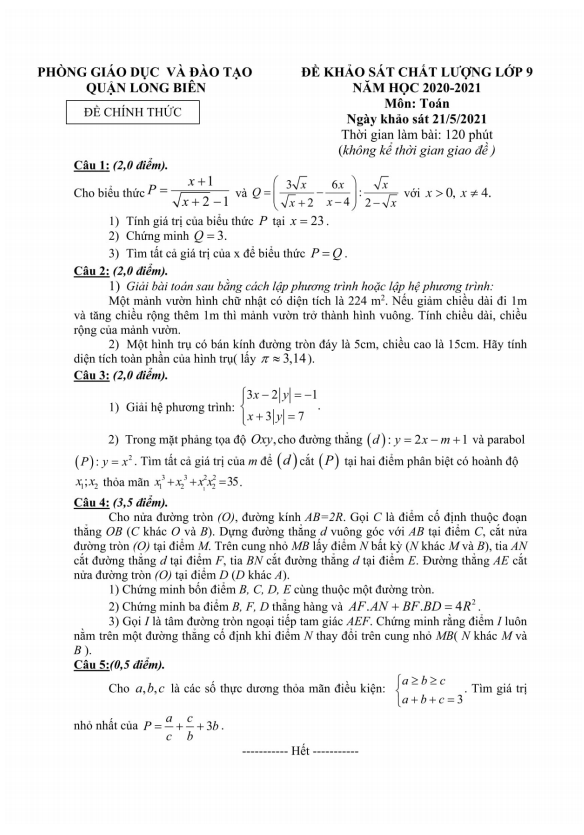 Đề khảo sát chất lượng Toán 9 năm 2020 – 2021 phòng GD&ĐT Long Biên – Hà Nội