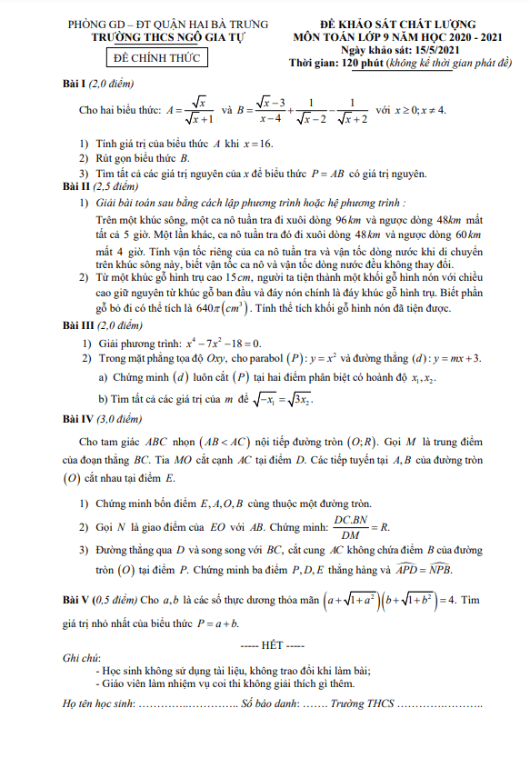 Đề khảo sát chất lượng Toán 9 năm 2020 – 2021 trường Ngô Gia Tự – Hà Nội