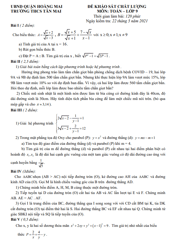 Đề khảo sát chất lượng Toán 9 năm 2020 – 2021 trường THCS Tân Mai – Hà Nội