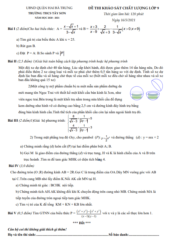 Đề khảo sát chất lượng Toán 9 năm 2020 – 2021 trường THCS Tây Sơn – Hà Nội