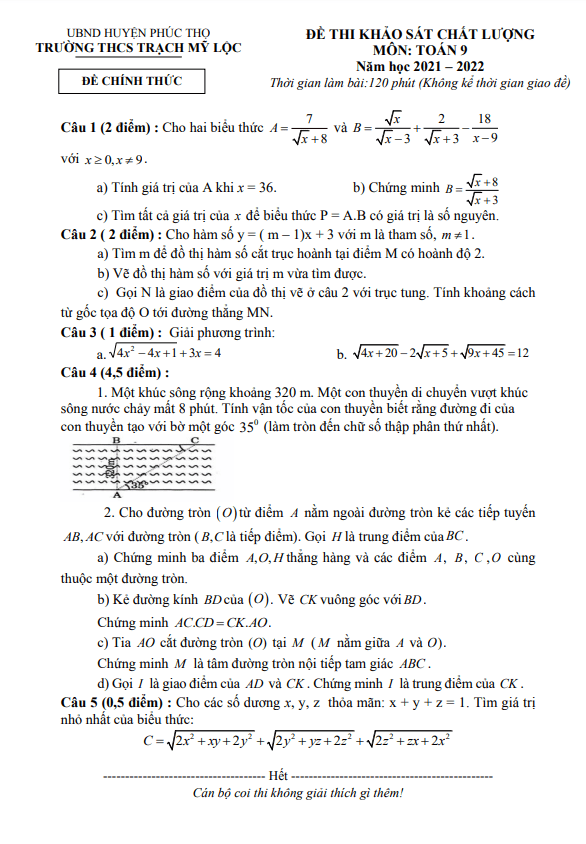 Đề khảo sát chất lượng Toán 9 năm 2021 – 2022 trường THCS Trạch Mỹ Lộc – Hà Nội