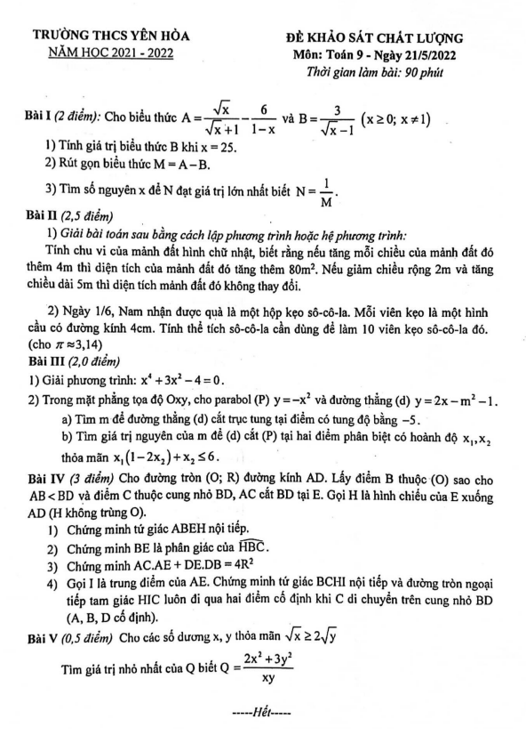 Đề khảo sát chất lượng Toán 9 năm 2021 – 2022 trường THCS Yên Hòa – Hà Nội