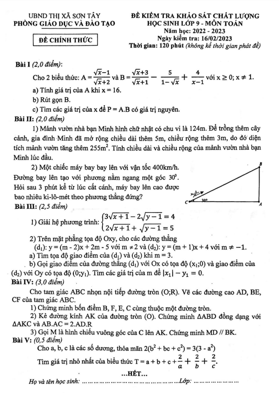 Đề khảo sát chất lượng Toán 9 năm 2022 – 2023 phòng GD&ĐT Sơn Tây – Hà Nội