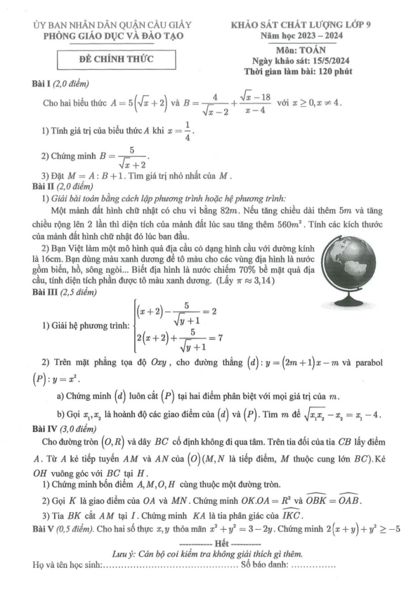 Đề khảo sát chất lượng Toán 9 năm 2023 – 2024 phòng GD&ĐT Cầu Giấy – Hà Nội