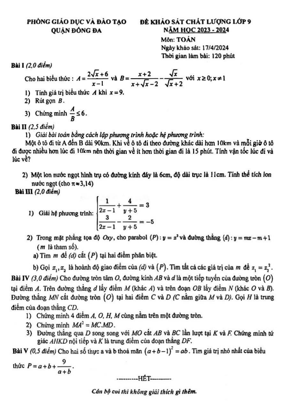 Đề khảo sát chất lượng Toán 9 năm 2023 – 2024 phòng GD&ĐT Đống Đa – Hà Nội