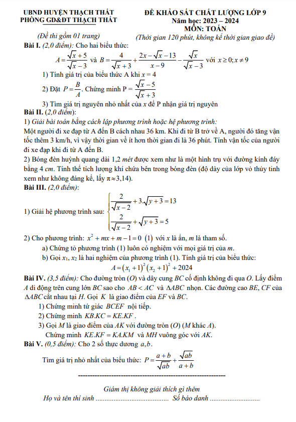 Đề khảo sát chất lượng Toán 9 năm 2023 – 2024 phòng GD&ĐT Thạch Thất – Hà Nội