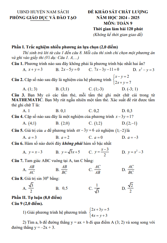 Đề khảo sát chất lượng Toán 9 năm 2024 – 2025 phòng GD&ĐT Nam Sách – Hải Dương