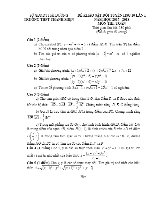 Đề khảo sát đội tuyển HSG Toán 10 lần 1 năm học 2017 – 2018 trường THPT Thanh Miện – Hải Dương