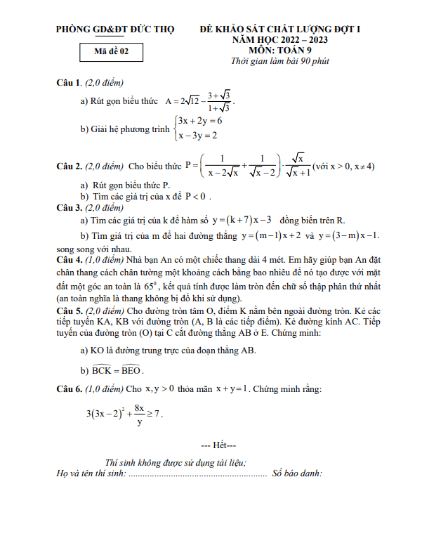 Đề khảo sát đợt 1 Toán 9 năm 2022 – 2023 phòng GD&ĐT Đức Thọ – Hà Tĩnh