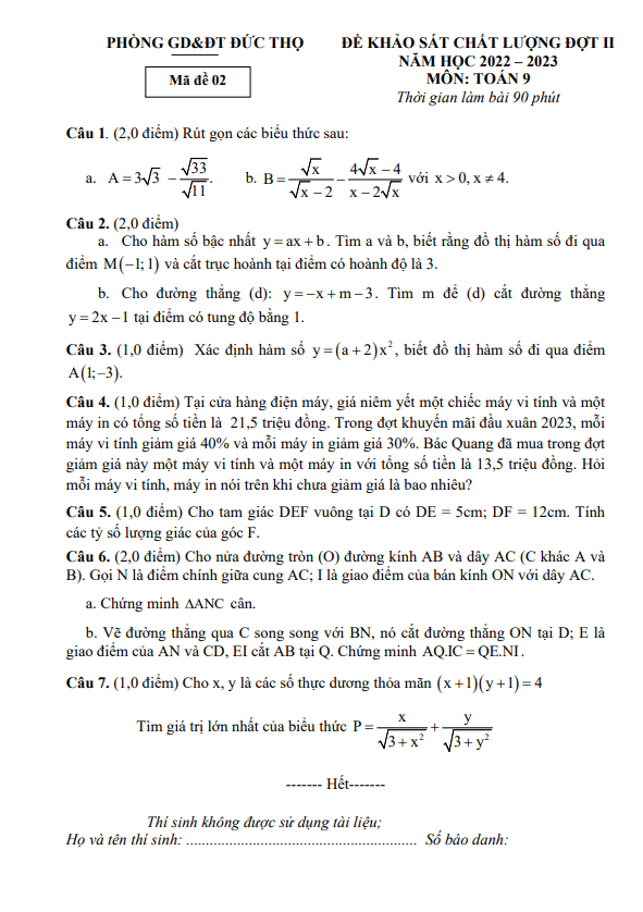 Đề khảo sát đợt 2 Toán 9 năm 2022 – 2023 phòng GD&ĐT Đức Thọ – Hà Tĩnh