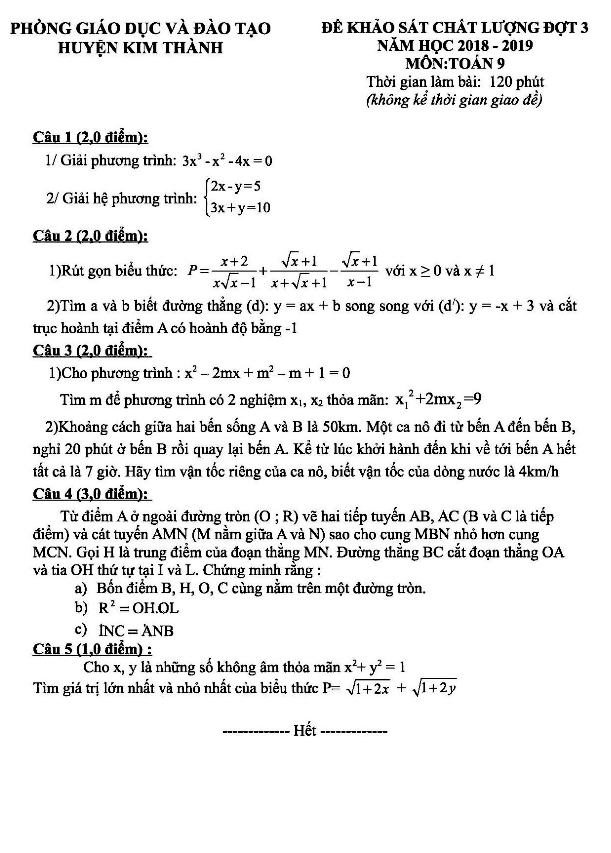 Đề khảo sát đợt 3 Toán 9 năm 2018 – 2019 phòng GD&ĐT Kim Thành – Hải Dương