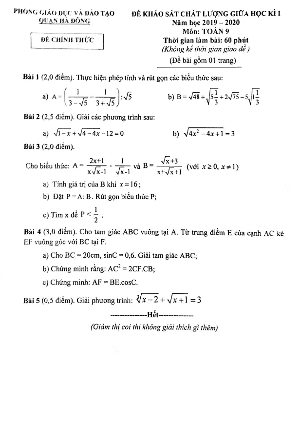 Đề khảo sát giữa học kì 1 Toán 9 năm 2019 – 2020 phòng GD&ĐT Hà Đông – Hà Nội
