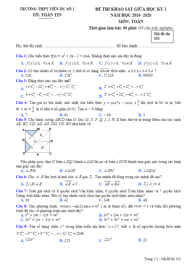 Đề khảo sát giữa kỳ 1 Toán 11 năm 2019 – 2020 trường Tiên Du 1 – Bắc Ninh