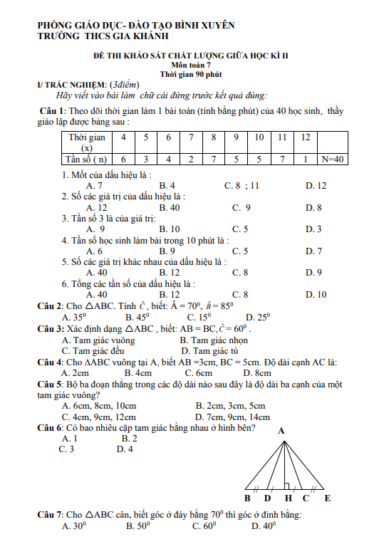Đề khảo sát giữa kỳ 2 Toán 7 năm 2019 – 2020 trường THCS Gia Khánh – Vĩnh Phúc
