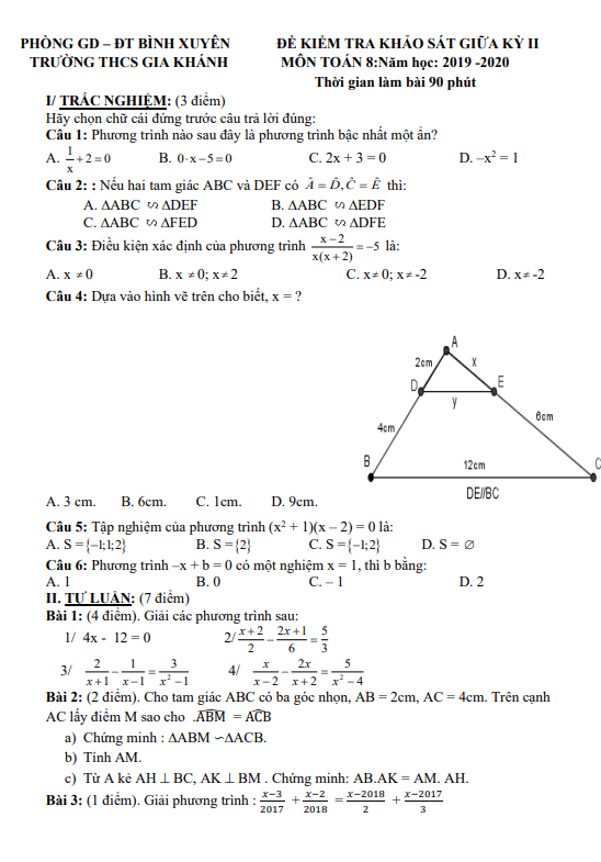Đề khảo sát giữa kỳ 2 Toán 8 năm 2019 – 2020 trường THCS Gia Khánh – Vĩnh Phúc