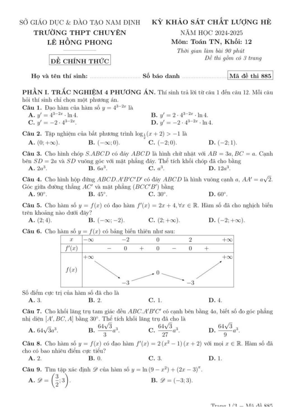 Đề khảo sát hè Toán 12 năm 2024 – 2025 trường chuyên Lê Hồng Phong – Nam Định