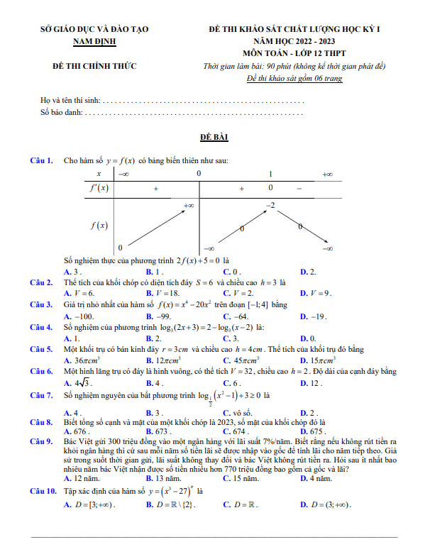 Đề khảo sát học kỳ 1 Toán 12 năm 2022 – 2023 sở GD&ĐT Nam Định