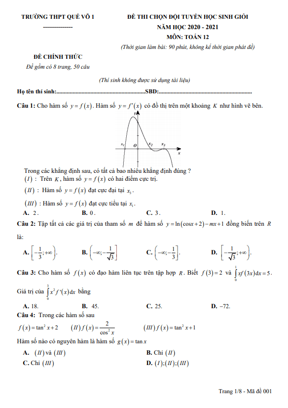Đề khảo sát học sinh giỏi Toán 12 năm 2020 – 2021 trường THPT Quế Võ 1 – Bắc Ninh