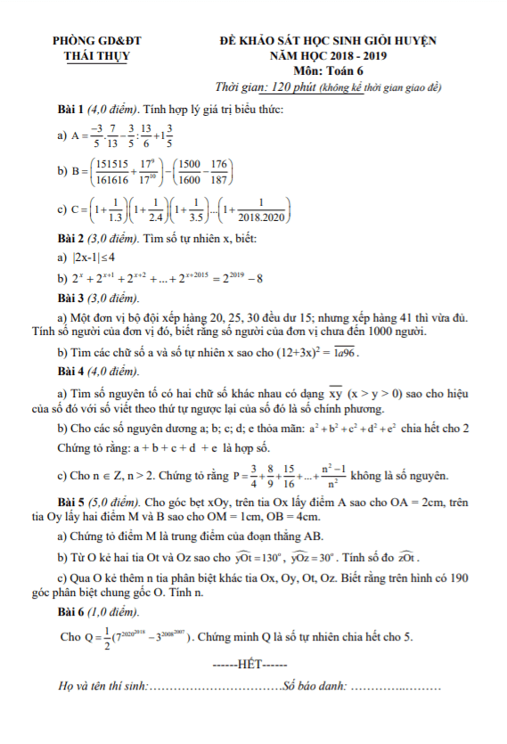 Đề khảo sát HSG huyện Toán 6 năm 2018 – 2019 phòng GD&ĐT Thái Thụy – Thái Bình