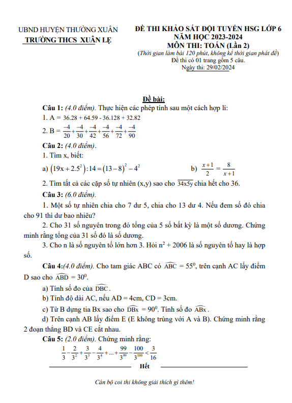 Đề khảo sát HSG Toán 6 lần 2 năm 2023 – 2024 trường THCS Xuân Lẹ – Thanh Hóa