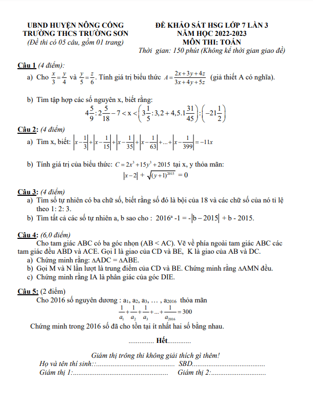 Đề khảo sát HSG Toán 7 lần 3 năm 2022 – 2023 trường THCS Trường Sơn – Thanh Hóa