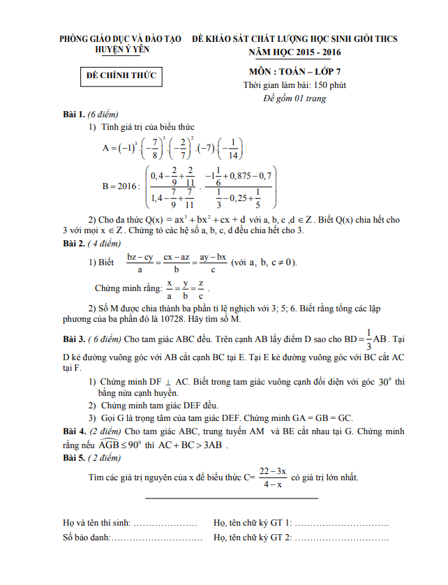 Đề khảo sát HSG Toán 7 năm 2015 – 2016 phòng GD&ĐT Ý Yên – Nam Định
