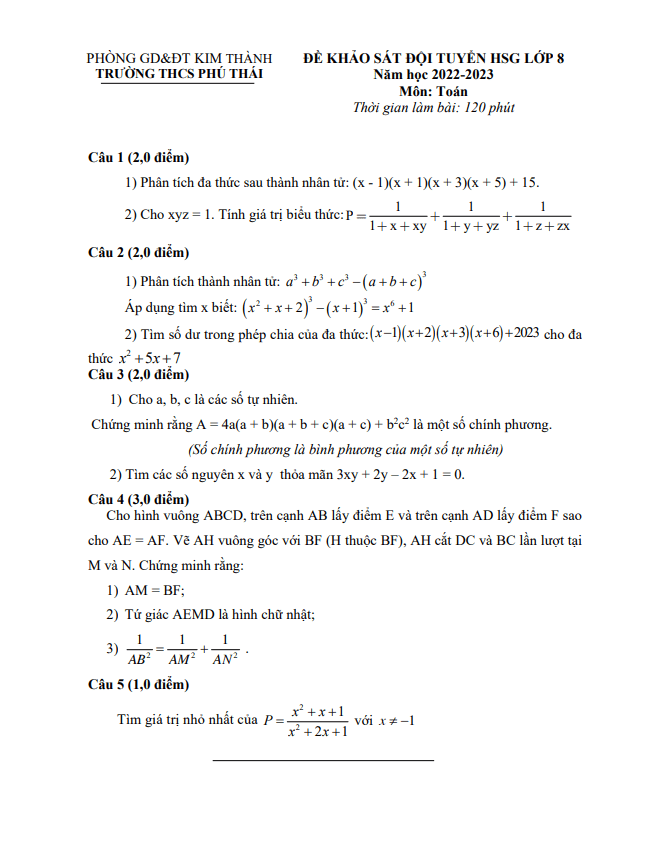 Đề khảo sát HSG Toán 8 năm 2022 – 2023 trường THCS Phú Thái – Hải Dương