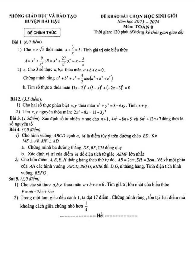 Đề khảo sát HSG Toán 8 năm 2023 – 2024 phòng GD&ĐT Hải Hậu – Nam Định