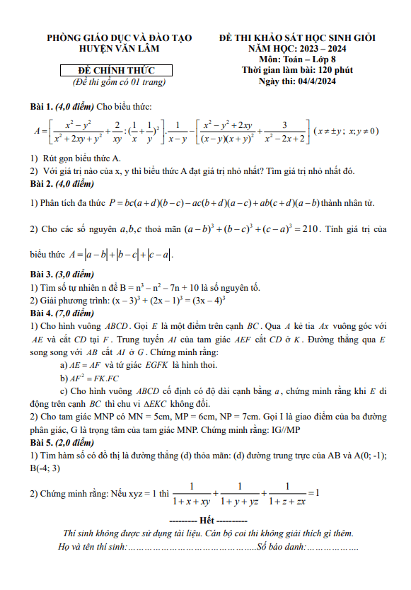 Đề khảo sát HSG Toán 8 năm 2023 – 2024 phòng GD&ĐT Văn Lâm – Hưng Yên