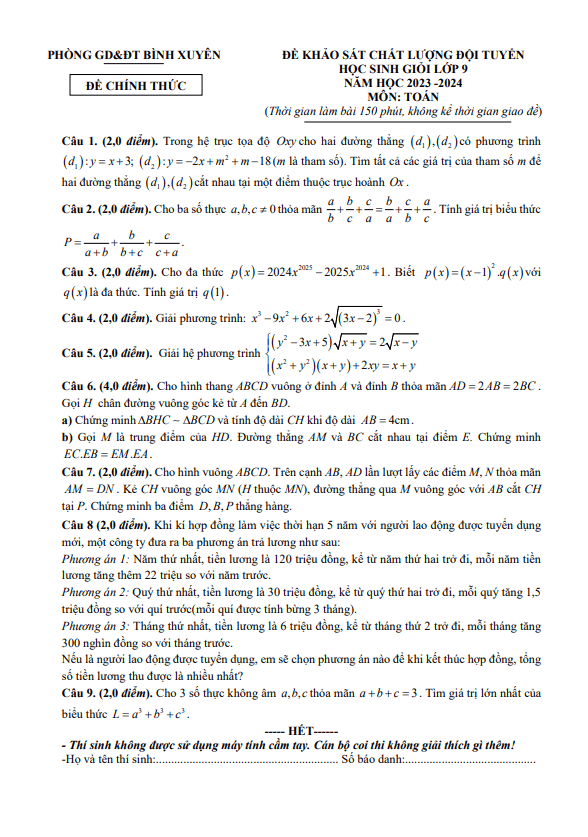 Đề khảo sát HSG Toán 9 lần 1 năm 2023 – 2024 phòng GD&ĐT Bình Xuyên – Vĩnh Phúc