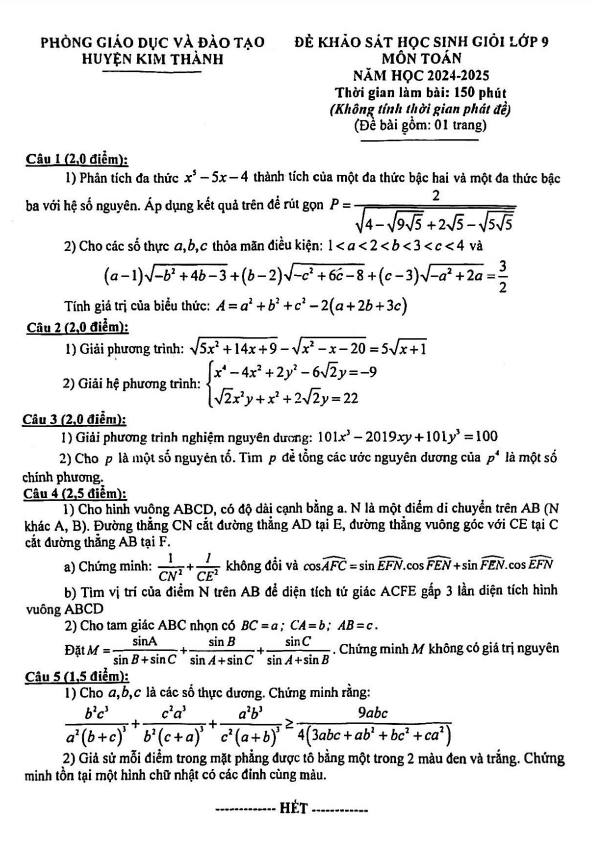 Đề khảo sát HSG Toán 9 năm 2024 – 2025 phòng GD&ĐT Kim Thành – Hải Dương